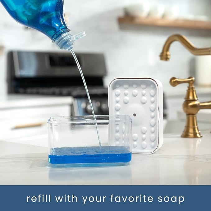 S&T INC. Dish Soap Dispenser and Sponge Holder for Kitchen Sink with Enhanced Features, Sponge Included, 13 Ounces, Matte White
