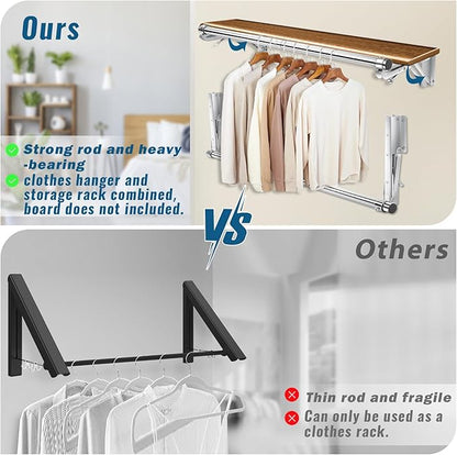 Foldable Wall Mounted Clothes Rack-44'' Long Rod&2 Bases,Stainless Steel, Heavy Duty,Detachable,Multi-Purpose for Space-Saving Garment Rack/Clothes Drying Rack/Plant Hanger,Top Shelf Room Reserved