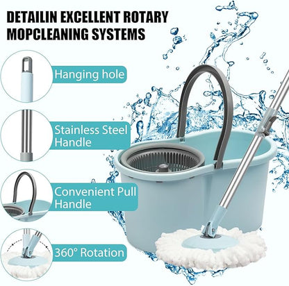 Spin Mop and Bucket with Wringer Set, 360° Spinning Mop Bucket System with 3 Microfiber Mop Replacement Heads, Adjustable Handle for Floor Cleaning (Light Blue)