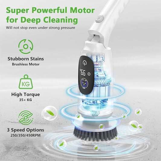 Electric Spin Scrubber, Cordless Cleaning Brush, 3H Work Time, Bathroom Scrubber with LED Display, 3-Speed Extendable Handle, IPX7 Waterproof, 8 Brush Heads for Shower, Tile, Tub, Floor, Toilet, Grout
