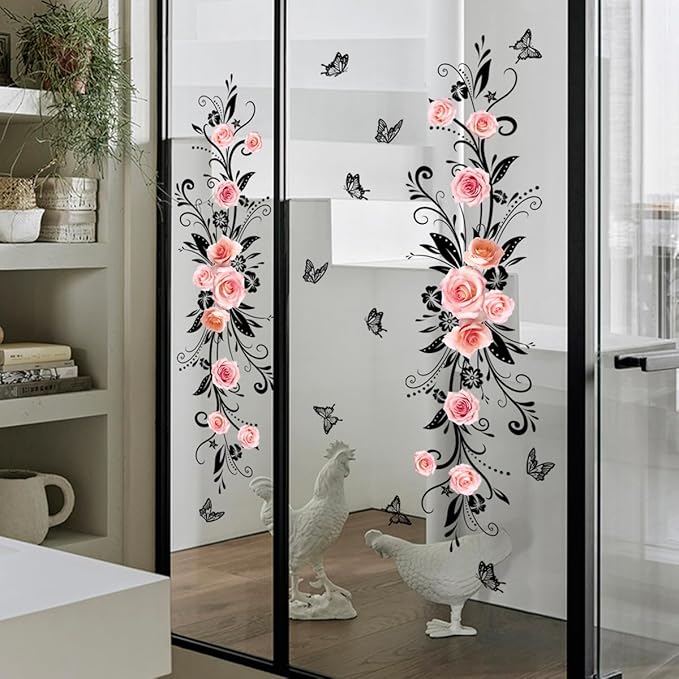 3D Wall Stickers DIY Flower Wall Decal Removable Waterproof Wall Art Decor for Bedroom Living Room Offices Home Decoration (Black Pink Rose)