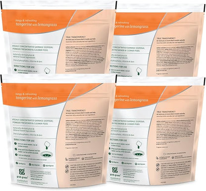 Grab Green Naturally-Derived, Tangerine with Lemongrass, 12 Pods (4-Pack), Mineral-Based Garbage Disposal Cleaner & Freshener