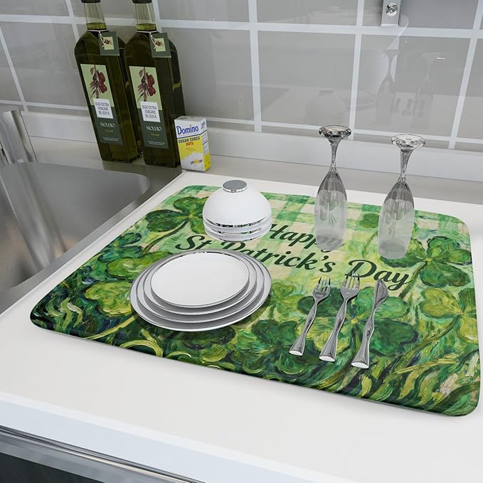 St Patrick's Day Shamrock Dish Drying Mat for Kitchen Counter 18x24 Green Lucky Clover Plaid Happy Holiday Absorbent Reversible Microfiber Drying Mats Kitchen Countertop Protector Dishes Drainer Pad
