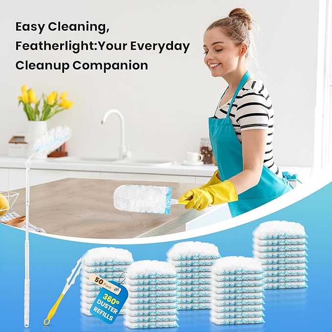 Bisenkud Duster Kit for Swiffer® Duster Refill: 50 Heavy Duty Refills + 2 Handles | 3X Grip & Static Tech | Car, Furniture & Electronics Dry Cleaning