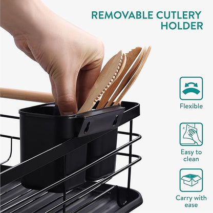 Navaris 2 Tier Dish Rack - Compact Drying Kitchen Board with Drip Tray & Cutlery Holder - Easy to Assemble and Clean Dishes - Sink Drainer Rack - Black