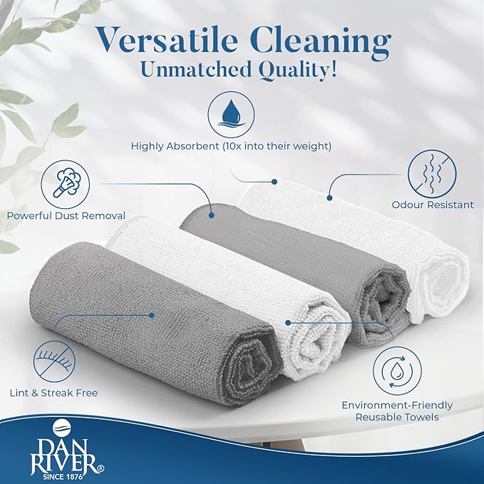 DAN RIVER 24-Pack Microfiber Towels – Ultra Absorbent, lint Free Cloth & Streak-Free for Home, Car & Kitchen - Must-Have Cleaning Essentials - 12" x 12" - Gray White