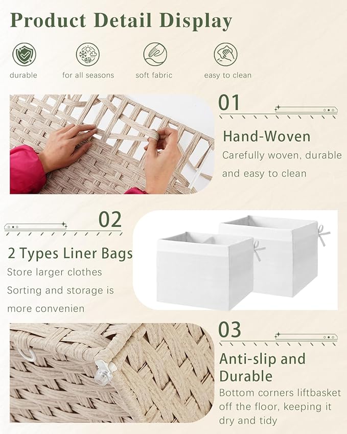 Storage Basket with Lid Rattan Woven Storage Baskets with 2 Separate Lids, 17.2 Gallon (65 L) Wicker Storage Bins Foldable 2 Removable Liner Bags Handles for Bedroom, Laundry Room Light Khaki