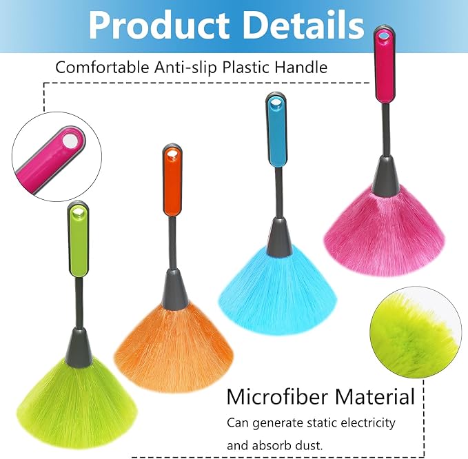 4 Pack 10 inch Microfiber Duster, Feather Duster, Grips Microfiber Delicate Duster for Cleaning Keyboard, Computer Screen, Books, Photo Frames, Picture Frames, Knick-knacks