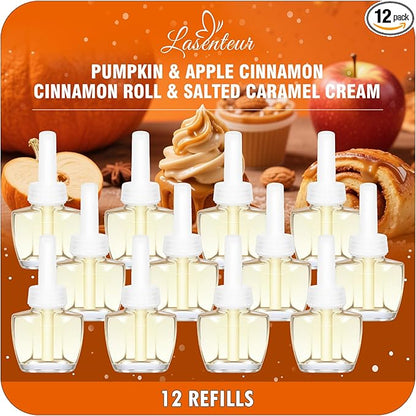 Plug-In Air Freshener Refills 12 Pack – Pumpkin, Apple Cinnamon, Cinnamon Roll & Salted Caramel Cream Scents – Adjustable Home & Bathroom – Compatible with Air Wick & Glade, Not Include Glade Plus