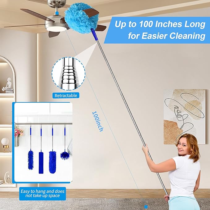6-in-1 Duster for Cleaning Kit, Extendable Duster with Stainless Steel Pole - Microfiber, Ceiling Fan Cleaner Dusters and Chenille Dusters, Bendable Cobweb Removers for High Ceilings, Fans, Blinds