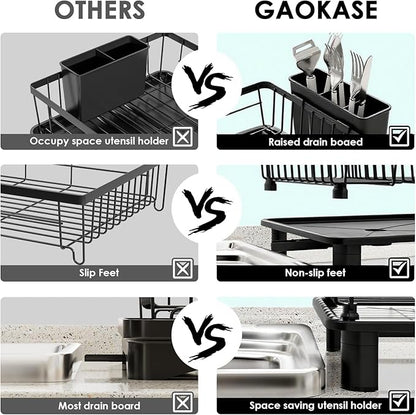 Dish Drying Rack, Stainless Steel-Dish Rack, Dish Racks for Kitchen Counter, Kitchen Dish Drainers with Removable Utensil Holder,New drain outlet,Plate Rack and Drainboard,(Black-11" W x 15" L)