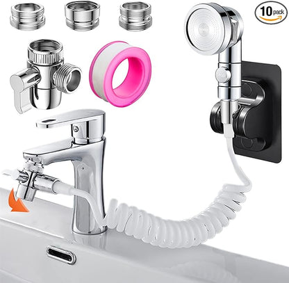 Sink Handheld Shower Kit with 9.8ft Telescopic Hose, Kitchen Bathroom Faucet Sprayer Attachment with 3 Adapters M22 M24 G1/2, for Hair Washing, Baby Shower, Pet Shower (Faucet Not Included)