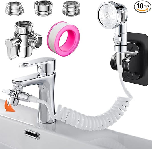 Sink Handheld Shower Kit with 9.8ft Telescopic Hose, Kitchen Bathroom Faucet Sprayer Attachment with 3 Adapters M22 M24 G1/2, for Hair Washing, Baby Shower, Pet Shower (Faucet Not Included)