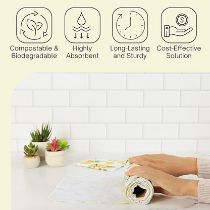 Reusable Paper Towels (12"x10”) - Soft Absorbent 100% Cloth Paper Towels- Washable Paper Towels Rolls w/Cardboard Roll-Reusable Napkins Washable- Dish Cloths (Vintage Lemons, 12x10inch)