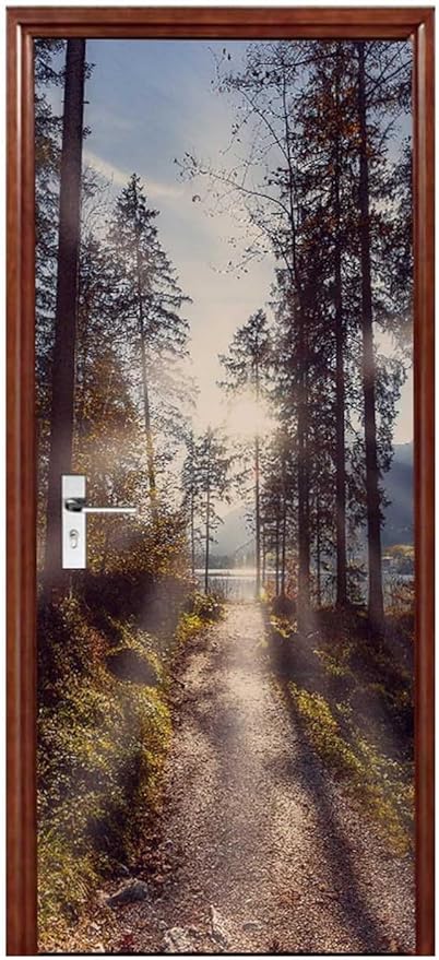 A.Monamour 3D Door Stickers for Interior Doors A Pathway Through Forest in The Morning Nature Scenery Vinyl Waterproof Self Adhesive Door Mural Decals for Bedroom Office Bathroom 90x200cm