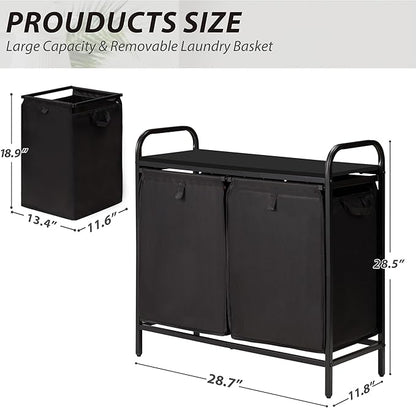 2 Section Laundry Hamper with Shelf, Laundry Basket Organizer with 2 Pull-Out Removable Bags 2×13.2Gal(49.9L), Laundry Sorter for Clothes Organization in Bedroom, Laundry Room, Black