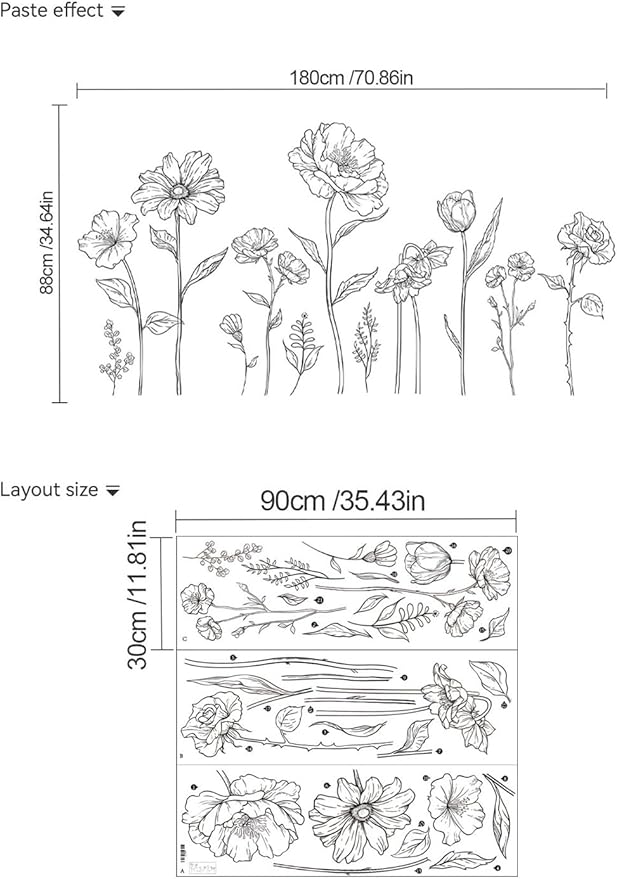 3 Sheets Wall Stickers DIY Boho Flower Wall Decal Removable Waterproof Wall Art Decor for Bedroom Living Room Offices Home Decoration (Black Flower)