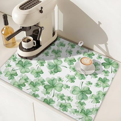 St Patrick's Day Dish Drying Mat for Kitchen Counter,Green Lucky Charm Shamrocks Drying Mat 18 x 24 Inch with High Absorbent Microfiber Drainer Mat for Coffee Bar