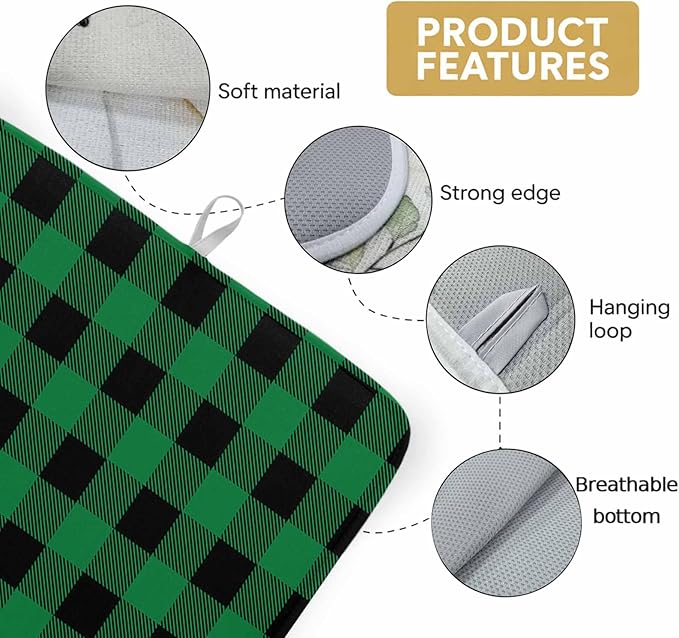Dish Drying Mat Green Black Check Plaid Drying Mats for Kitchen Counter Farmhouse Style Absorbent Microfiber Dish Drainer Quick Drying Coffee Mat with Hanging Loop, 16 x18 inch