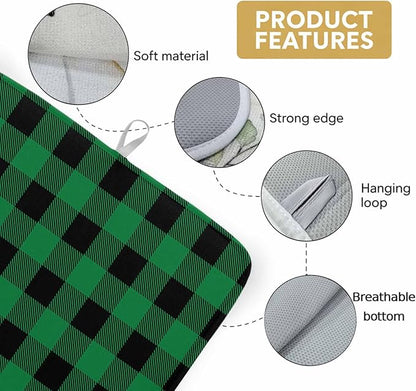Dish Drying Mat Green Black Check Plaid Drying Mats for Kitchen Counter Farmhouse Style Absorbent Microfiber Dish Drainer Quick Drying Coffee Mat with Hanging Loop, 16 x18 inch