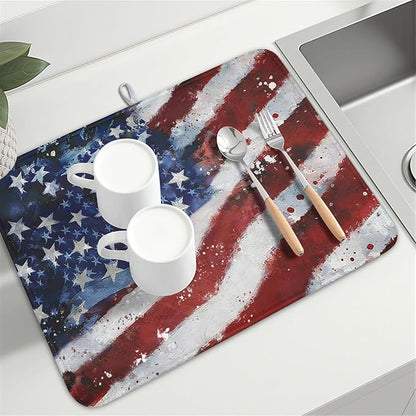 4th of July Dish Drying Mat 24x18 Inch, Patriotic Drying Mat with Absorbent Reversible Microfiber, Independence Day Dish Drainer Mats Memorial Day Rack Pad for Coffee Countertop Kitchen Protector