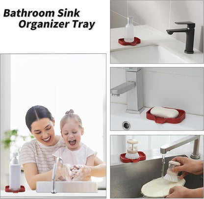 MicoYang Silicone Bathroom Soap Dishes with Drain Spout-Bathroom and Kitchen Sink Organizer,Sponge Holder,Dish Soap Tray,Perfect for Dispenser,Scrubber,Bottle,Cup on Sink or Counter-Red 4.9"×3.2"