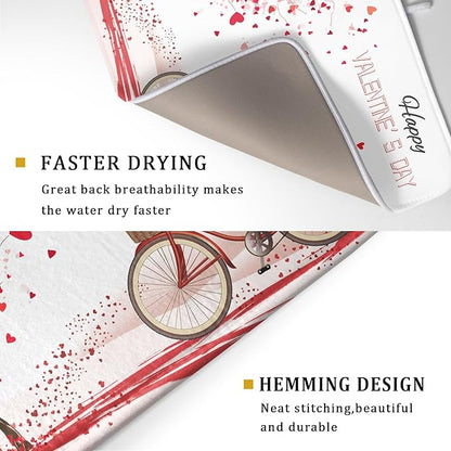 Romantic Valentine's Day Dish Drying Mat for Kitchen Valentines Bike and Tree Dish Drying Pad 18x16 Absorbent Reversible Happy Valentine Dishes Drainer Pad Holiday Dish Drying Rack Mat for Countertop