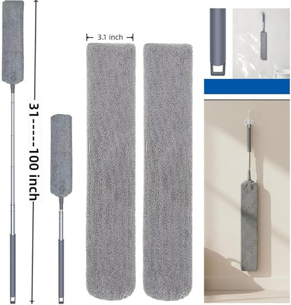 Retractable Gap Dust Cleaner with 30-100 Feet Extendable Long Handle and 2 Microfiber Dusting Cloths, Cleaning Duster for Under Appliance Refrigerator Furniture Sofa Bed (Gray)