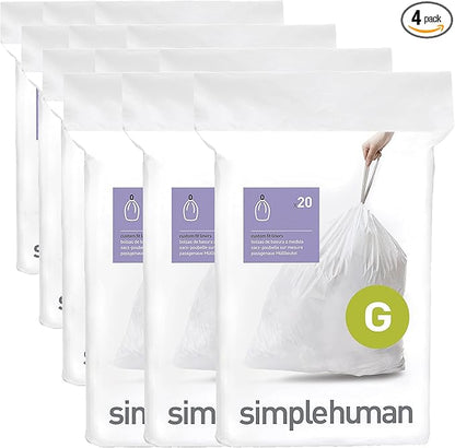 simplehuman Code G,Dispenser Pack Custom Fit Liners,Drawstring Trash Bags,30 Liter / 8 Gallon,White,60 Count (Pack of 4)