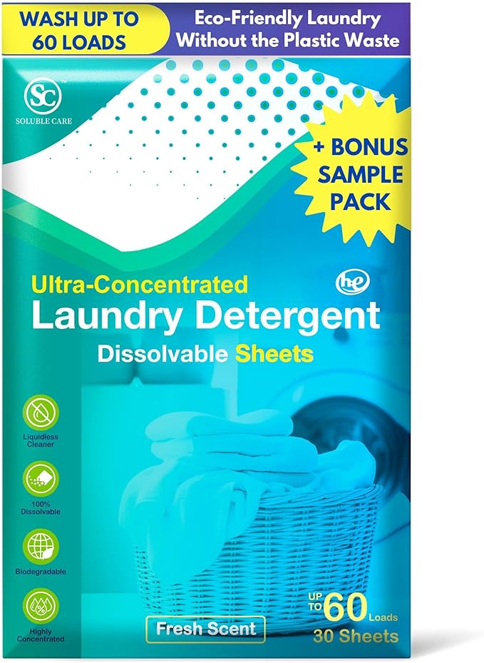 60 Loads Laundry Detergent Sheets (Ultra-Concentrated, Earth Friendly, Sustainable, Liquid-Free Solution), Includes Free 4-Sheet Bonus Pack - Fresh Scent