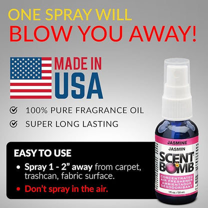 Scent Bomb Air Freshener Spray, Long-Lasting Odor Eliminator - Effective Deodorizer for Home & Car, Fresh Room Spray for Kitchen, Bathroom & Smell Neutralizer - 1 oz Pack of 4, Jasmine Scent