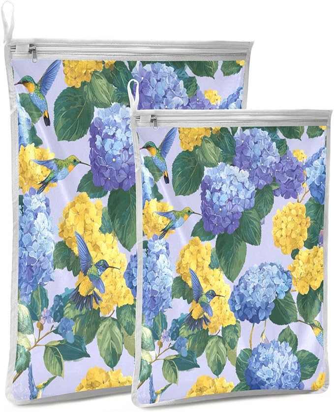 Mesh Laundry Bags Lingerie Bags for Washing Delicates 2 PCS Durable Wash Bag with Zipper Small and Medium Washable Blue Hydrangeas Hummingbirds