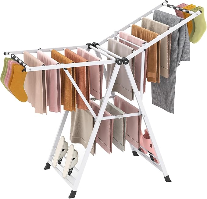 Giantex Clothes Drying Rack, Foldable Metal Laundry Drying Rack with Height Adjustable Wings, 16 Drying Rails, Sock Clips & Shoe Racks, Freestanding Clothing Stand for Indoor & Outdoor, White