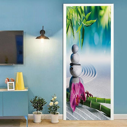 A.Monamour 3D Door Stickers for Interior Doors Sand Orchid Bamboo Massage Stones in Zen Garden Vinyl Waterproof Self Adhesive Door Mural Decals for Bedroom Office Bathroom 90x200cm