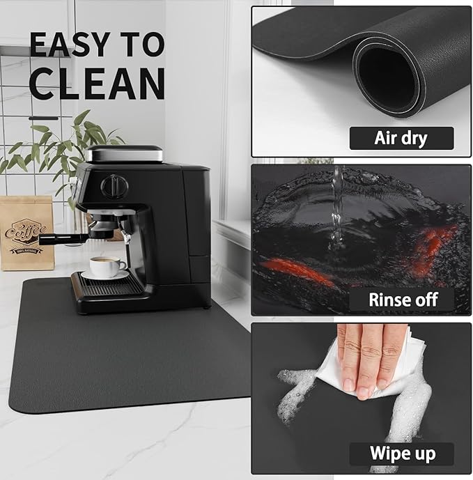 Bloss Coffee Mat 24"x16", Dish Drying Mat for Multiple Usage, Mat for Coffee Bar, Kitchen Counter Mat, Absorbent Hide Stain Rubber Backed Dish Drying Pad - Black
