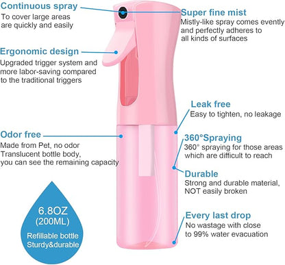 LERPOLOR Empty Spray bottles, Continuous Spray Bottle for Hair, Spray Water Bottle Fine Mist Refillable, Skin Care, Showering Pets, Plants, travel, Ironing and Cleaning 6.8 Ounce (1 Pack, Pink)