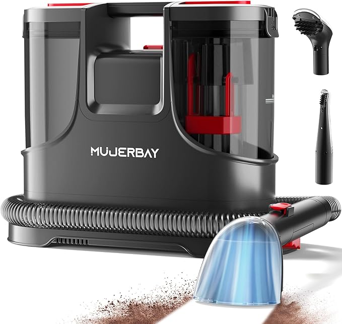 Upholstery Carpet Cleaner, MUJERBAY 15Kpa Portable Spot and Stain Cleaner Shampooer, Easy Move with Handle, 1.5-inch Deep Cleaning Machine for Couch, Stairs, Car and Pet Messes.