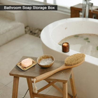 Kitchen and Bathroom Soap Dish Tray - Metal 2-Piece Soap Dish Tray with Drainage Grid and Holder for Kitchen Sink Countertops to Store Soap, Sponges, Scrubbers - Rust Resistant (2 Pack, Gold)