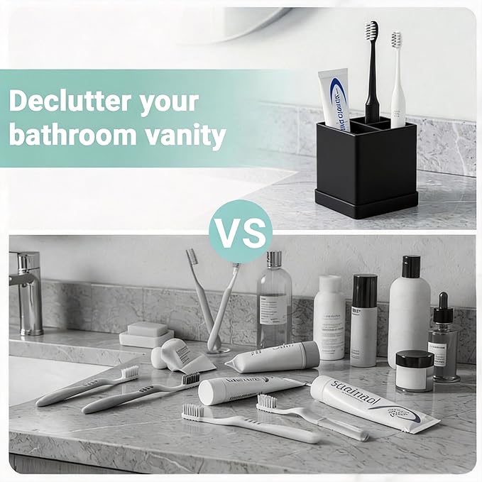Toothbrush Holders for Bathrooms, 3 Slots Kids Countertop Silicone Electric Tooth Brush and Toothpaste Holder Organizer Stand with Drainage Tray, Bathroom Accessories Decor, Black