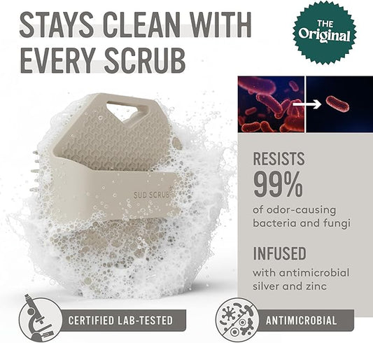 Sud Scrub® Antimicrobial Silicone Body Scrubber, Exfoliating Body Brush for Sensitive Skin, Antibacterial Shower Scrubber for Body, Bathroom Essentials for Men & Women, Clay