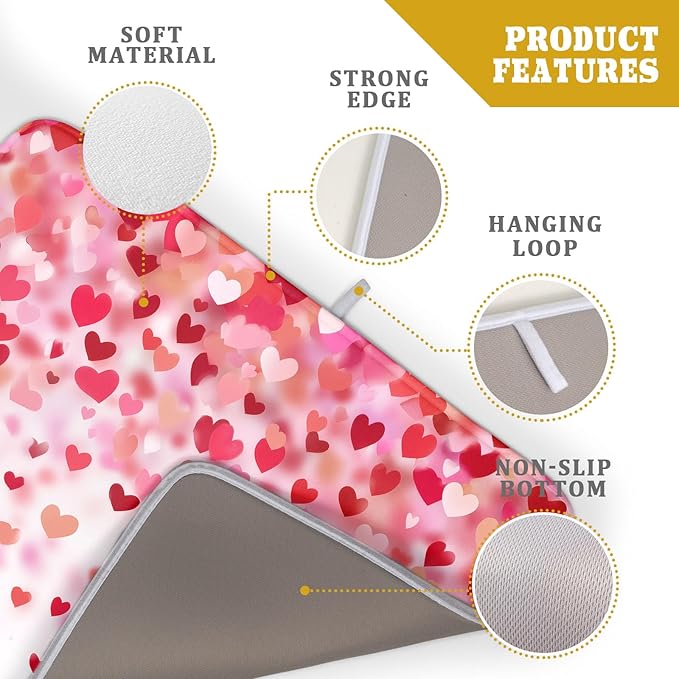 Valentine's Day Dish Drying Mat 18 x 24 Inch With Absorbent Reversible Microfiber Valentine Red Pink Hearts Drying Anniversary Wedding Dish Drainer Mat Fast Dry For Kitchen Dining Room Decor