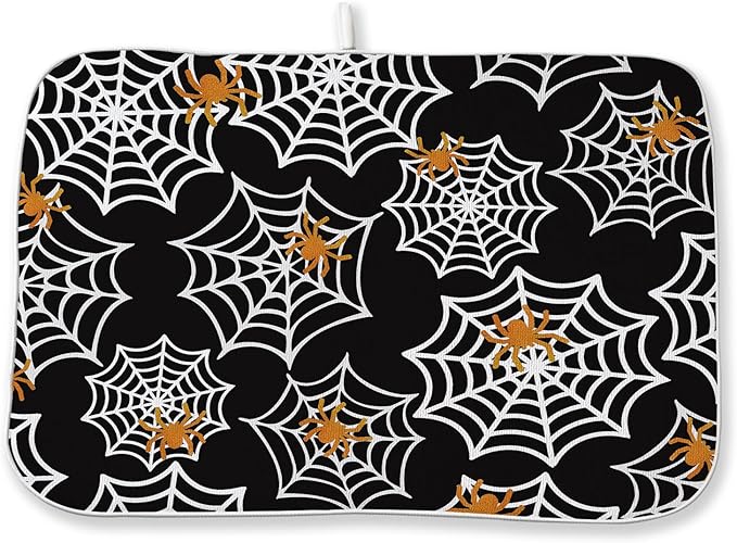Halloween Dish Drying Mat 18x24 Inch Black Orange Golden Spider Webs Drying Mat Fall Autumn Holiday Absorbent Dish Drying Pad Dish Rack Drainer Mats for Kitchen Dining Counter