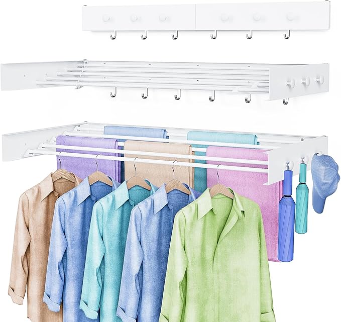 Drying Rack Clothing,Clothes Drying Rack Wall Mounted,Laundry Drying Rack Wall Mount,Foldable,Collapsible,60 lb Capacity 5 Aluminium Poles with 6 Hooks,Space Saving Clothes Drying Rack,White 40"
