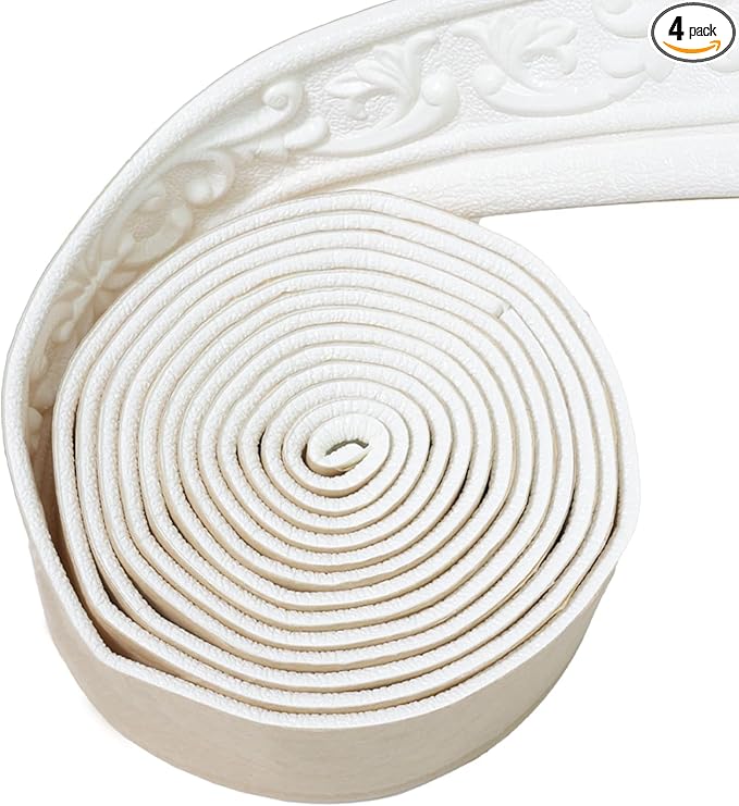 WAPANE 360" x 3.1" Peel Stick Foam Molding Trim Self Adhesive, Crown Molding Wallpaper Border Flexible, 3D Wall Edging Lines Foam Baseboard, Wall Trim for Home, White, 4PC