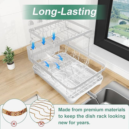 Dish Drying Rack, Two-Tier Dish Drying Rack with Utensil Holder and Cutlery Tray – Auto-Draining Large Capacity Dish Drainer with Drainboard for Kitchen Counter, White