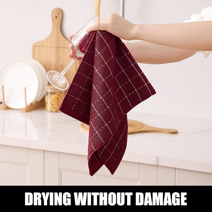 Homaxy 100% Cotton Terry Kitchen Towels(Brick Red, 13 x 28 inches), Checkered Designed, Soft and Super Absorbent Dish Towels, 8 Pack