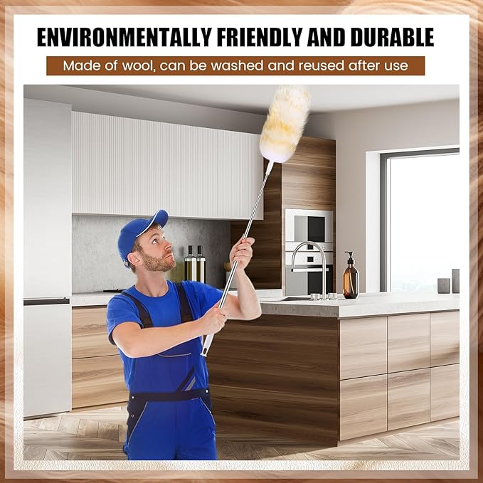 Remerry Extendable Lambswool Cleaning Duster 30-96 Inch, Wall Duster Cleaner with Stainless Steel Extension Pole for High Ceiling Fan, Interior, and Roof Dusting