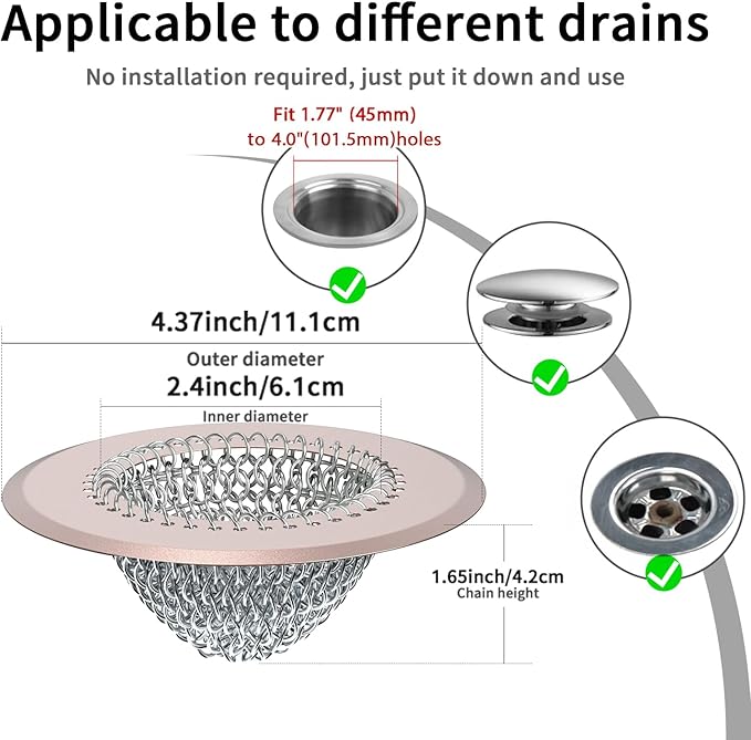 Shower Drain Hair Catcher, Fast Drainage Bathtub Drain Hair Catcher, Easy Clean Hair Catcher Shower Drain, Upgraded 304 Stainless Steel Shower Drain Cover For Shower Regular & Pop-up Drain (Rose Gold)