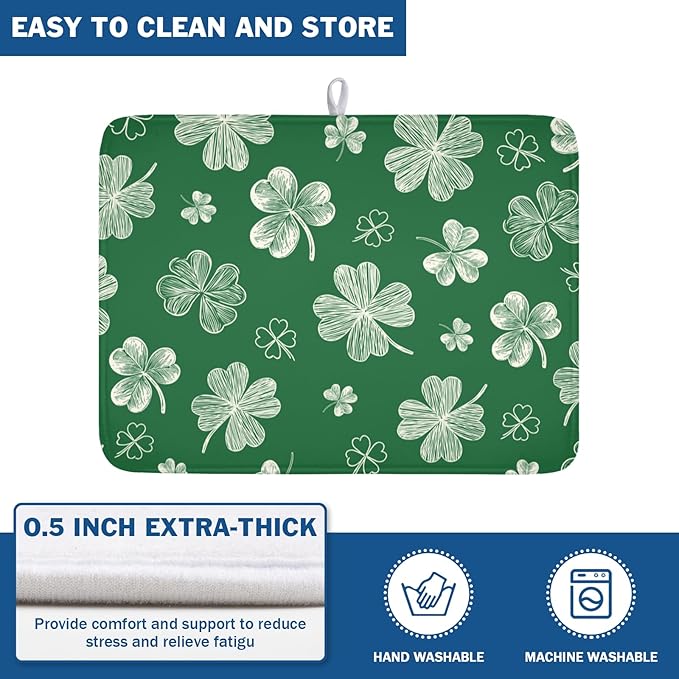 St Patrick's Day Dish Drying Mat 18 x 24 Inch Green Shamrock Dish Drainer Rack Mat Absorbent Microfiber Mats for Spring Lucky Clovers Dish Pad for Kitchen Coffee Bar Decor