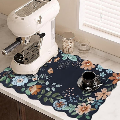 Scalloped Bohemian Coffee Bar Mat Dish Drying Mats for Kitchen Counter, Kitchen Decor,(16"x24", Black)